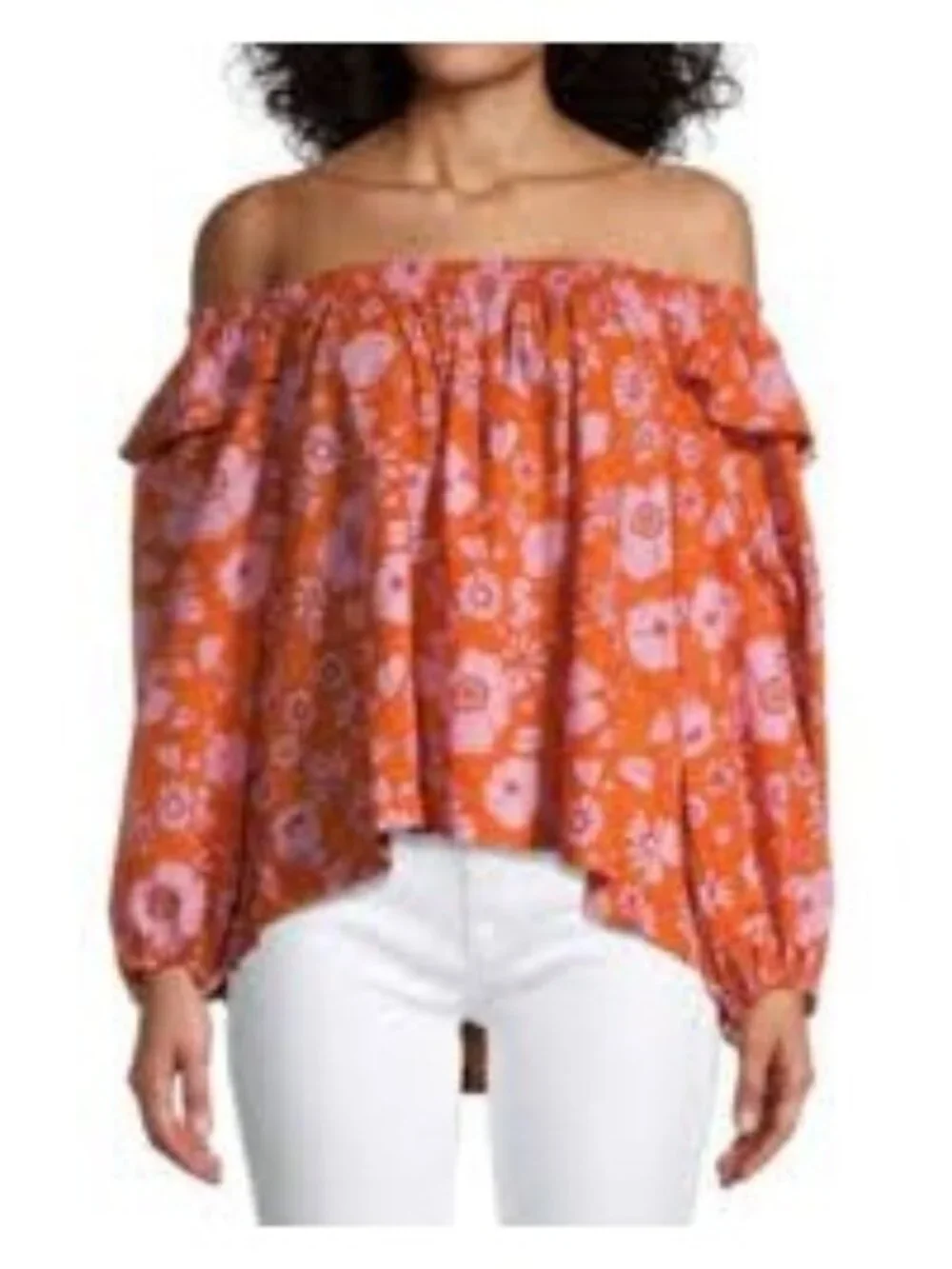 Free People Orange and Pink Floral Ruffle Off the Shoulder Flowy Cotton Top Size